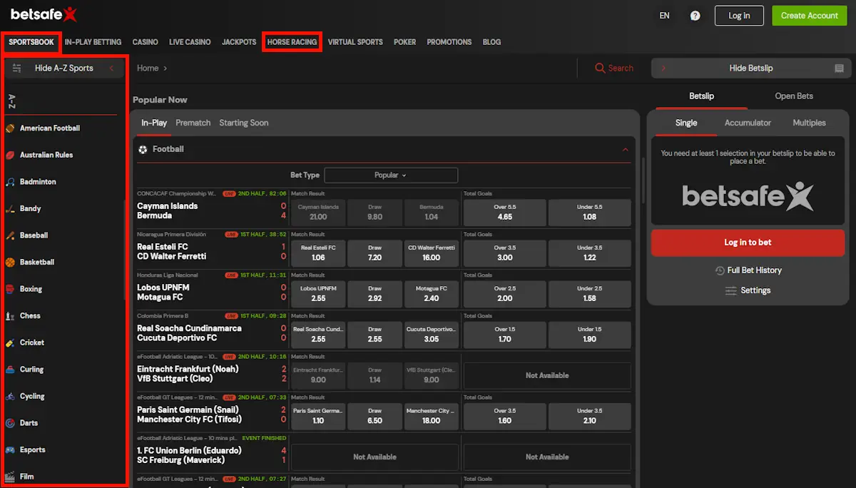 Betsafe A-Z list of sports Screenshot